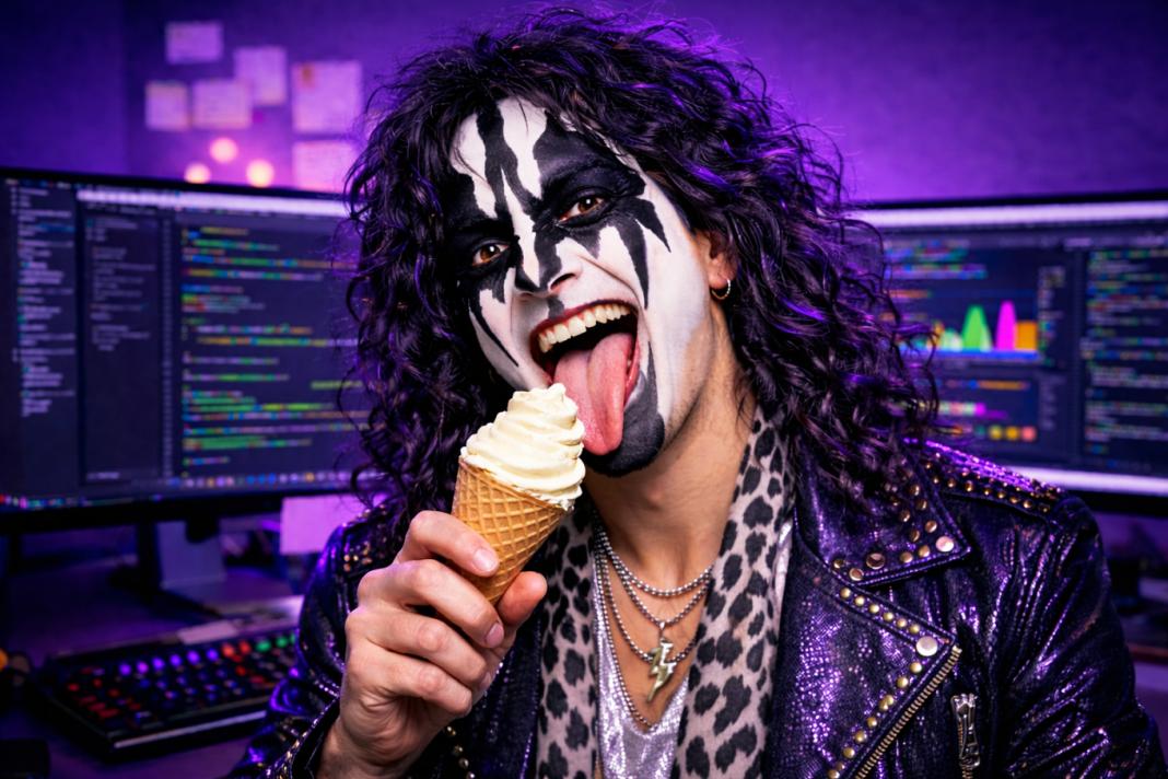 A glam rock coder licks a vanilla ice-cream